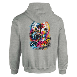 Grey men's hoodie featuring colorful turbocharger graphic with palm trees and "ON BOOST" text for petrolhead streetwear.
