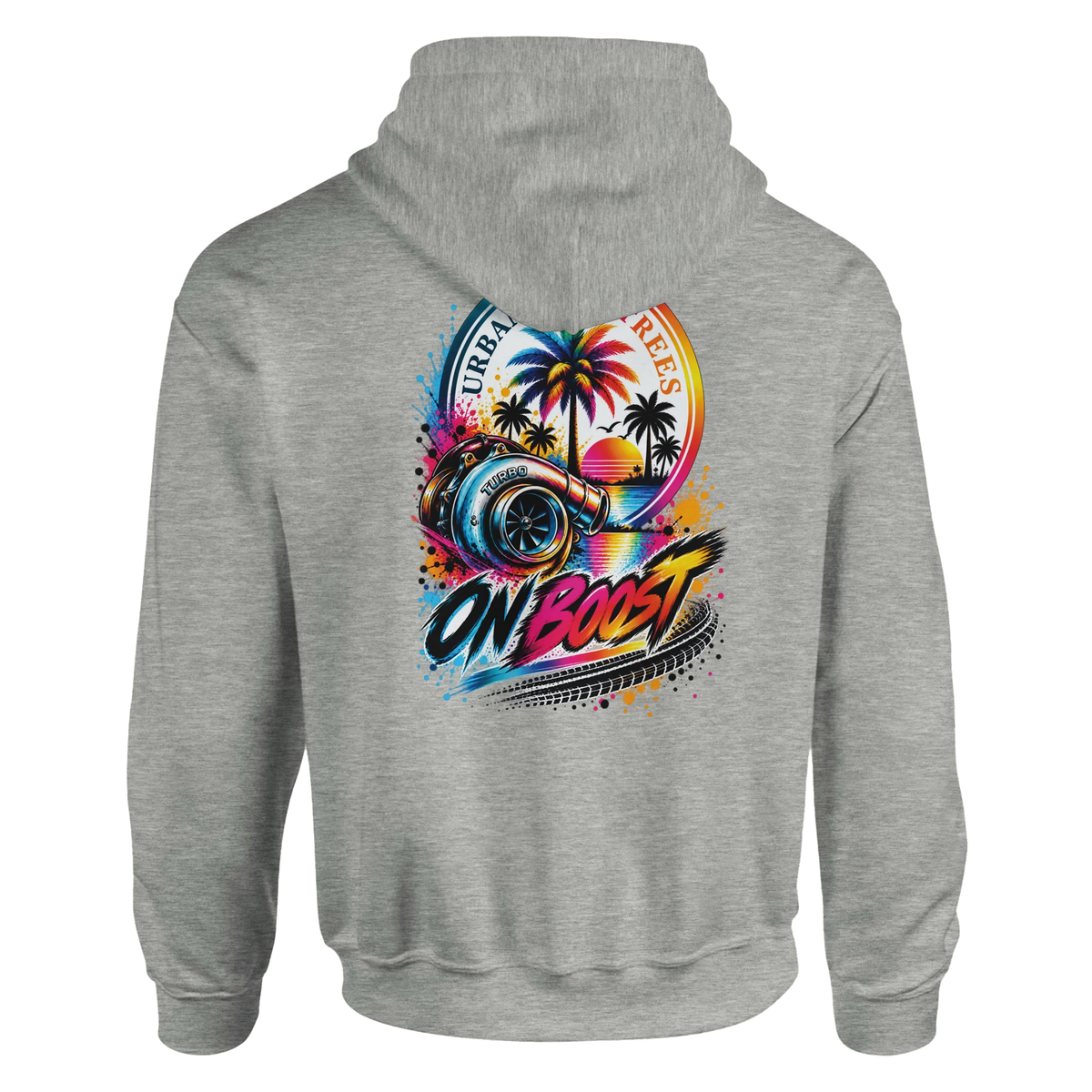 Grey men's hoodie featuring colorful turbocharger graphic with palm trees and "ON BOOST" text for petrolhead streetwear.