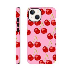 Pink iPhone case featuring a seamless wraparound print of cute red cherries on a pink background for models 13 through 16.