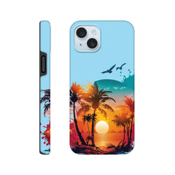 Tropical sunset palm tree iPhone case featuring vibrant beach sunset, silhouetted palms, and flying birds for drop-resistant protection.