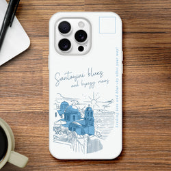 Vintage postcard-style iPhone case with Santorini blue-domed skyline on white matte shell.