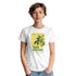 White crew-neck Lemons graphic T-shirt with lemon artwork on a female model.