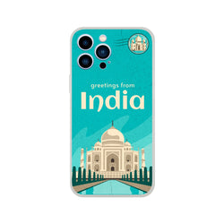 Vintage postcard iPhone case for iPhone 13-16, India holiday design with Taj Mahal illustration.