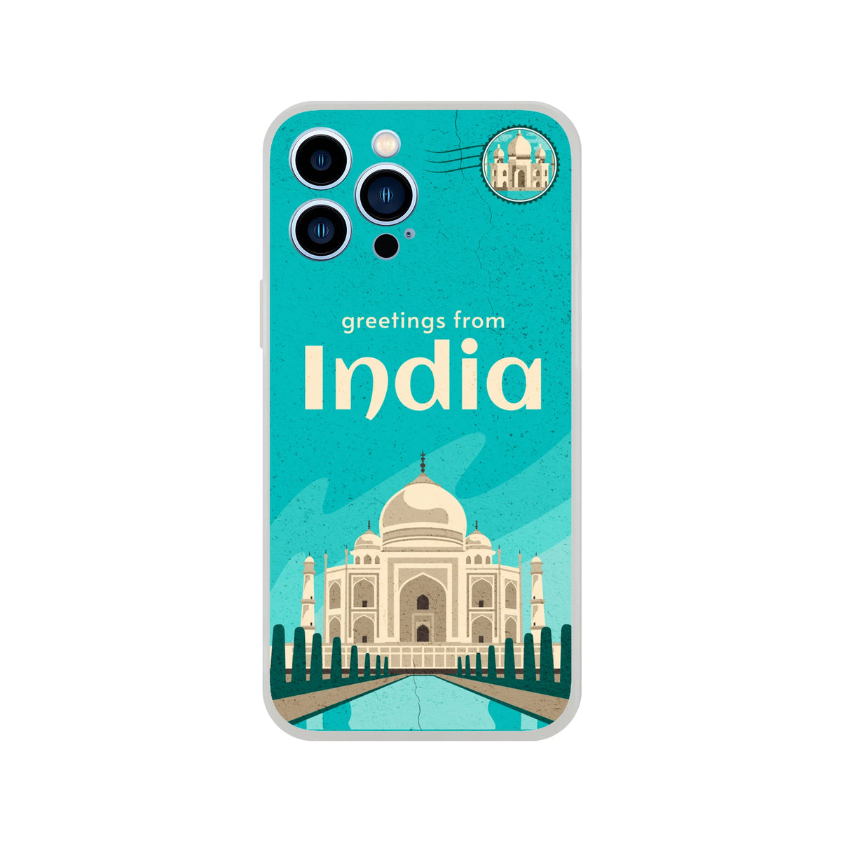 Vintage postcard iPhone case for iPhone 13-16, India holiday design with Taj Mahal illustration.