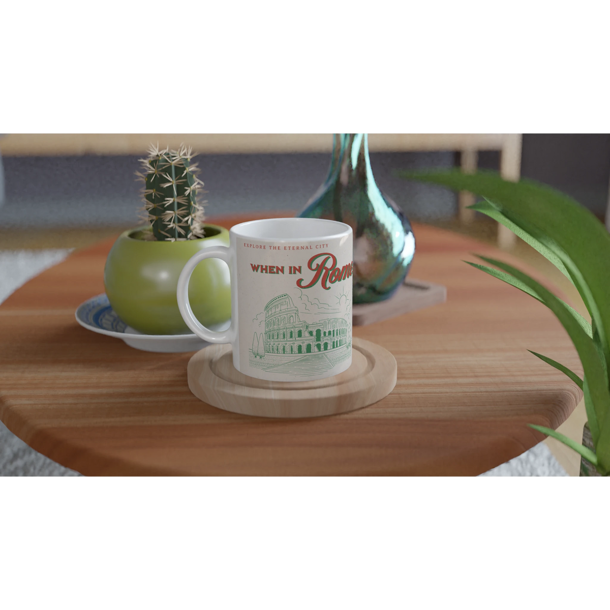 Vintage Rome mug with retro postcard design on a wooden table beside a cactus plant.