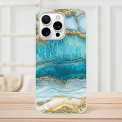 Blue and gold marble Ocean Agate iPhone case for iPhone 13-16 with slim profile and vibrant print.