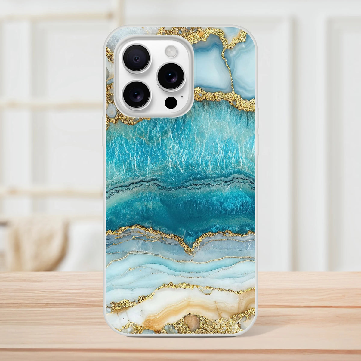 Blue and gold marble Ocean Agate iPhone case for iPhone 13-16 with slim profile and vibrant print.