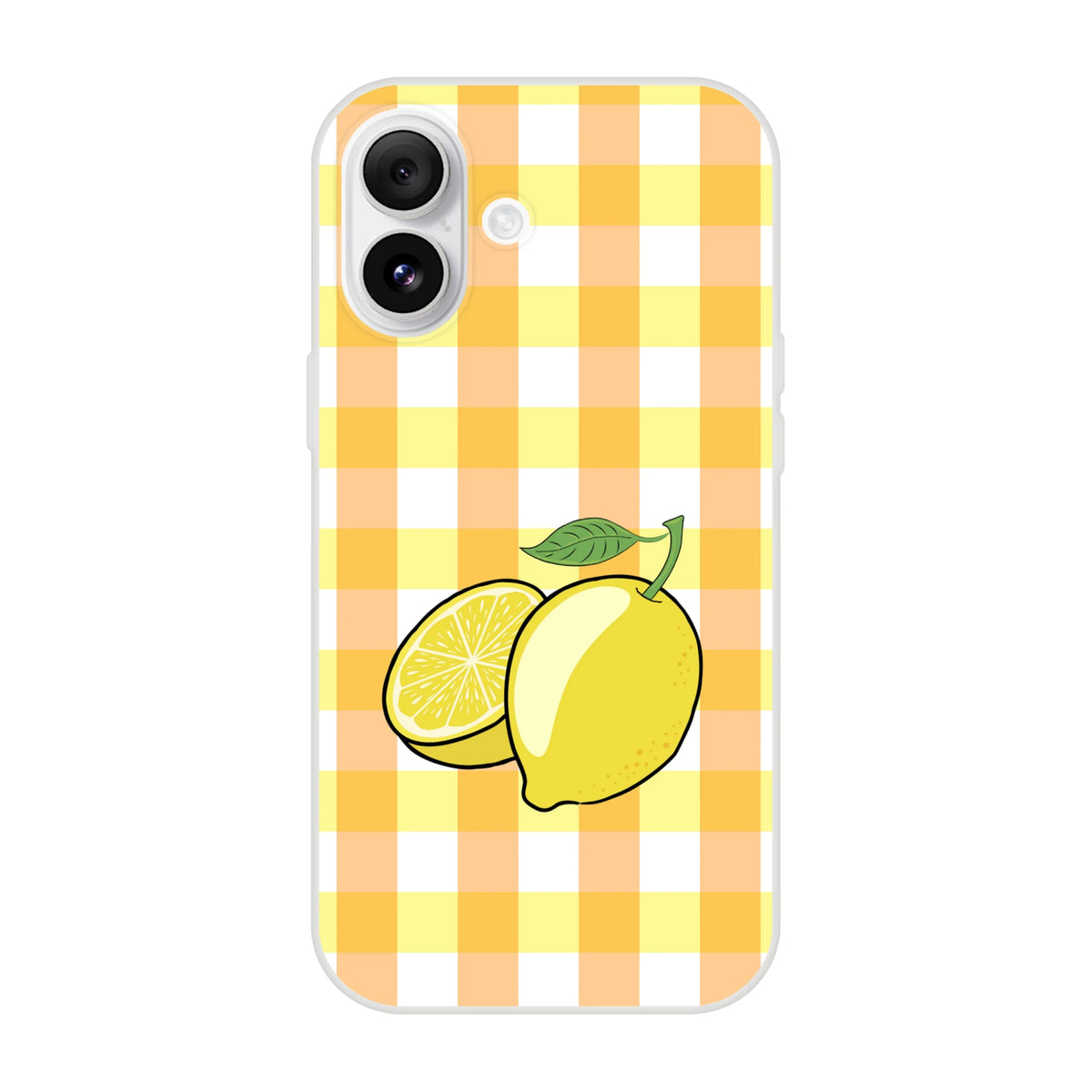 Lemon gingham iPhone case for 13-16 with yellow check pattern and lemon illustration, slim matte finish.