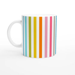 Rainbow Stripe Ceramic Mug - Colourful Coffee Cup with vertical multicolor stripes.