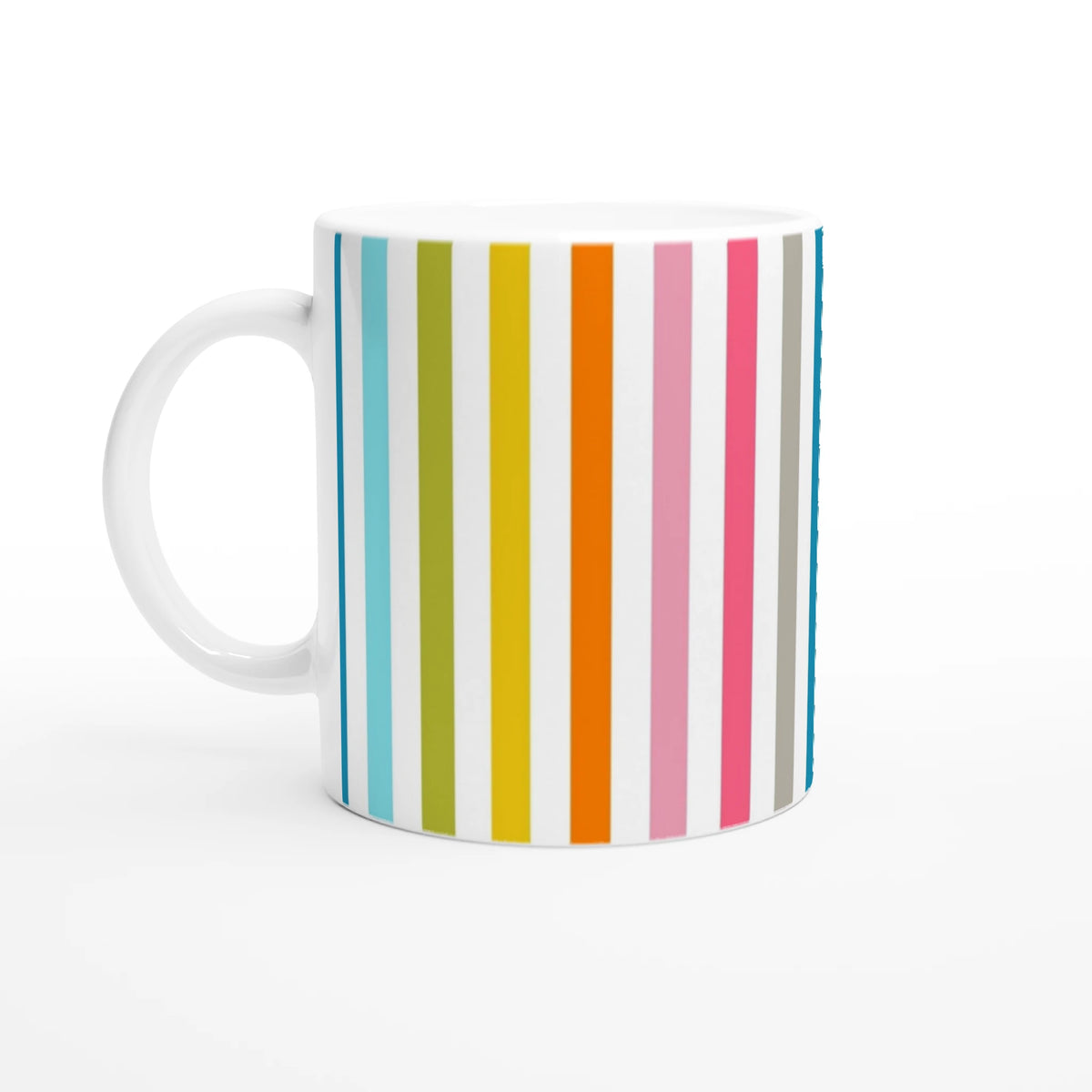 Rainbow Stripe Ceramic Mug - Colourful Coffee Cup with vertical multicolor stripes.
