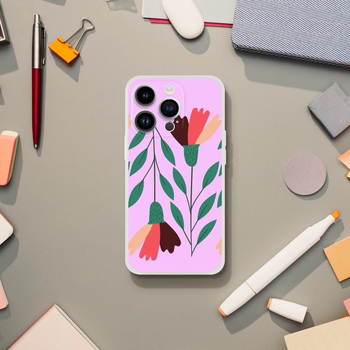 Pink floral iPhone case for 13-16, slim matte finish with green leaves and abstract flowers.