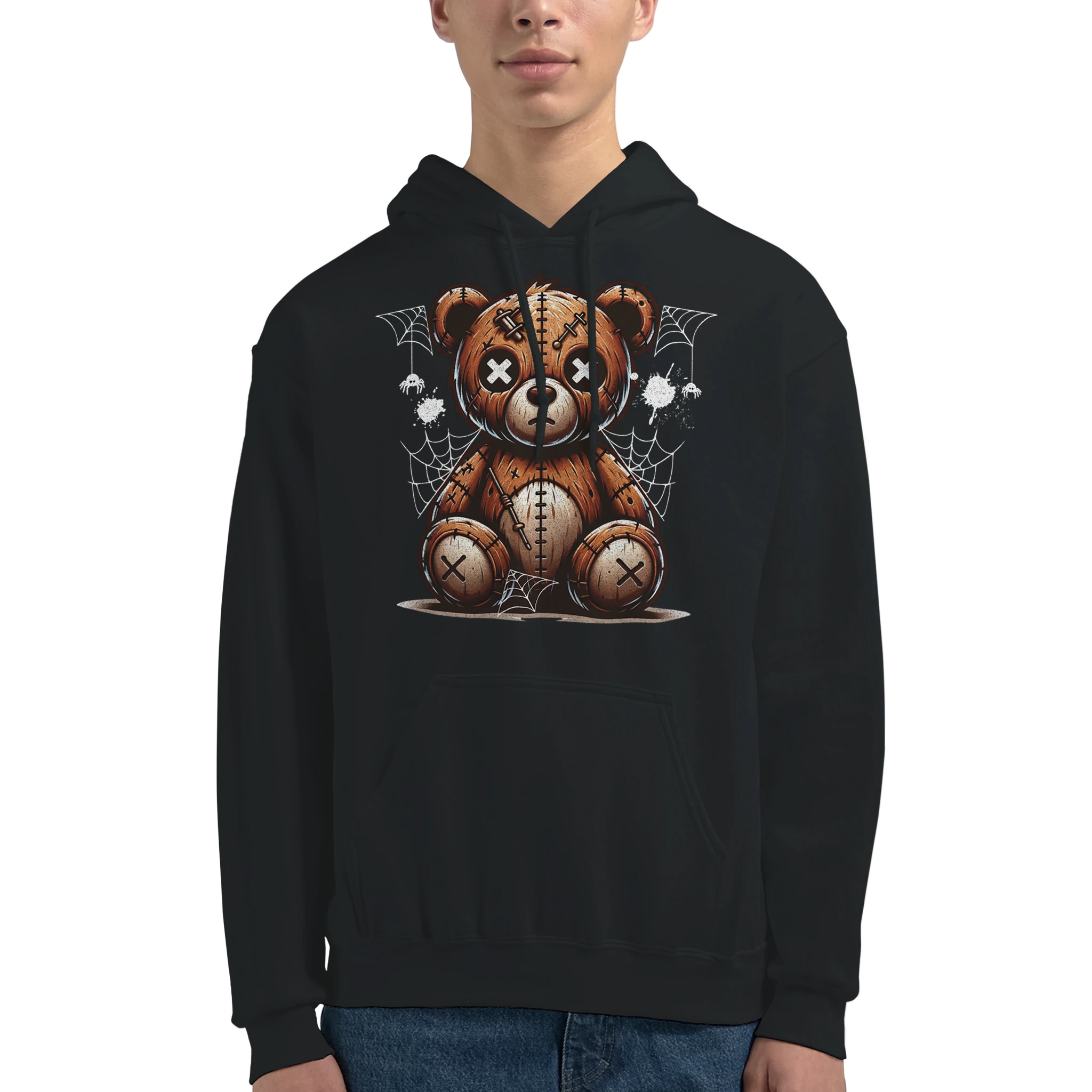Men's stressed teddy bear hoodie on black 50/50 cotton-polyester with stitched bear and spiderweb graphic, sizes S-XL
