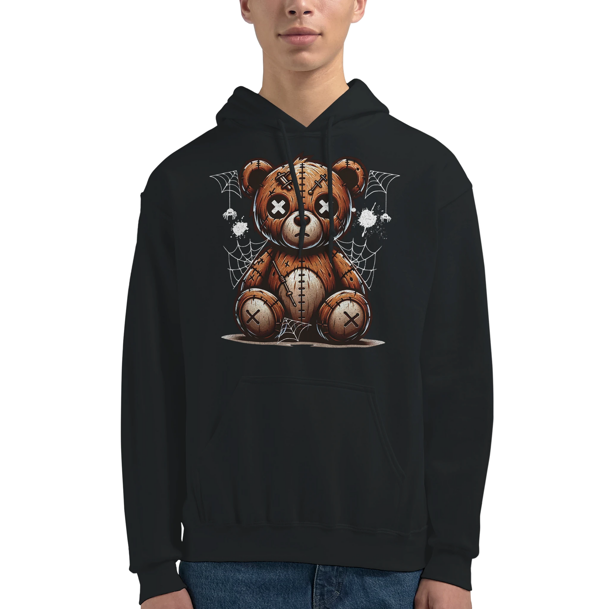 Black men's teddy bear hoodie on a white background. 9