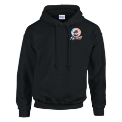 Black Full Send hoodie for men featuring a colorful Urban Palm Trees graphic, front pouch pocket, and matching drawstrings for car culture style.