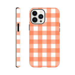 Orange gingham tough iPhone case featuring retro checkered pattern with shock-absorbing design for models 13-16.
