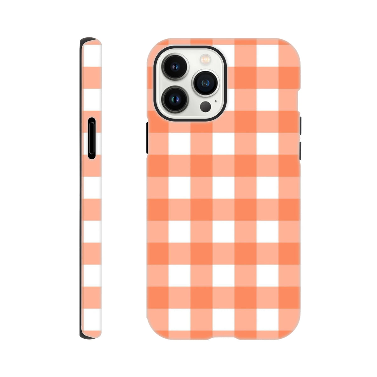 Orange gingham tough iPhone case featuring retro checkered pattern with shock-absorbing design for models 13-16.