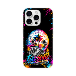Full Send iPhone case featuring Urban Palm Trees retro sunset design, tire tracks, and colorful paint splatters on black background.