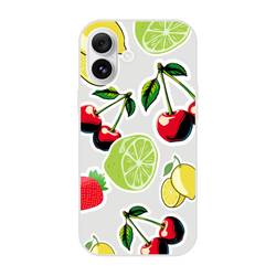 Transparent iPhone case featuring a vibrant sticker-style pattern of cherries, limes, lemons, and strawberries.