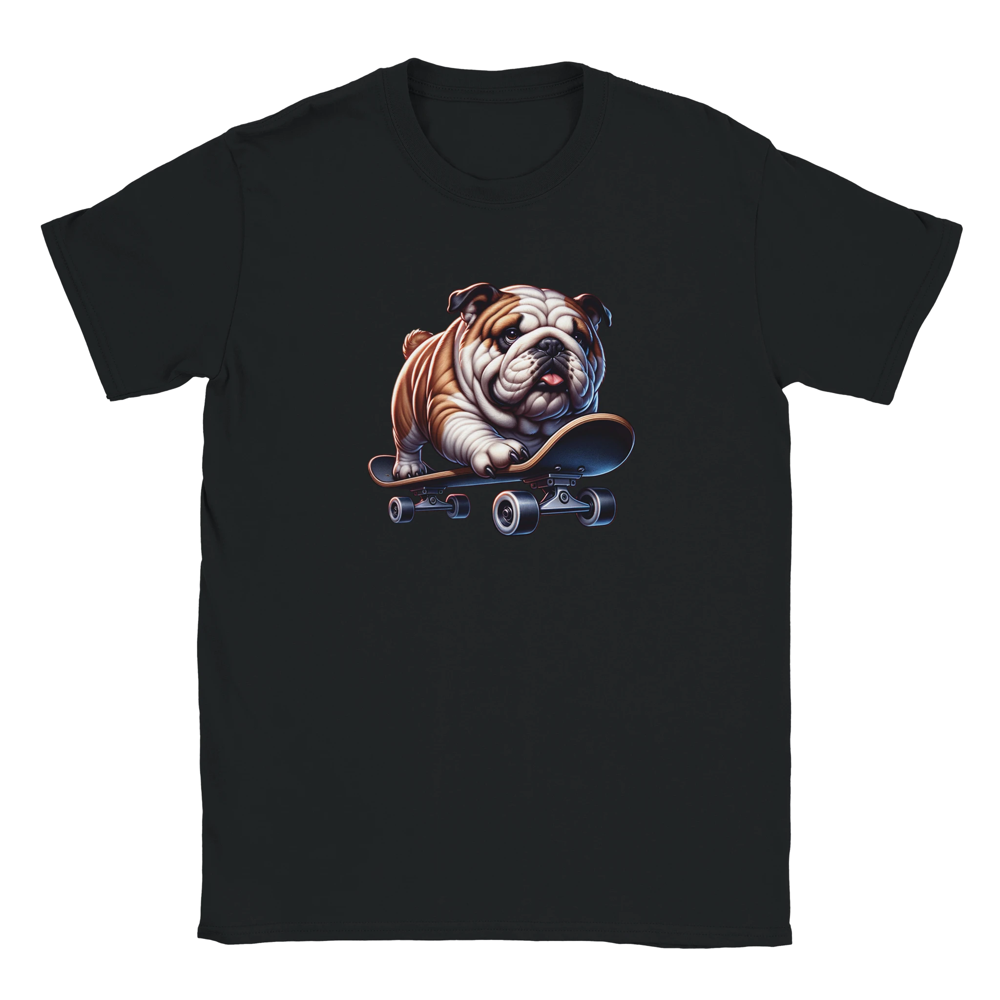 Black T-shirt featuring a bulldog on a skateboard; soft cotton blend men's graphic tee.