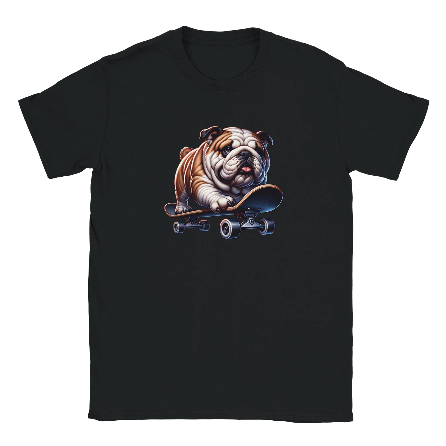 Black T-shirt featuring a bulldog on a skateboard; soft cotton blend men's graphic tee.