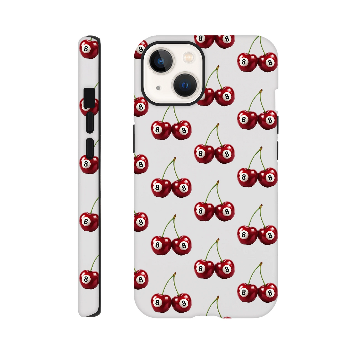 Lucky Cherries tough protective case for iPhone 16, 15, 14, 13 with dual-layer wraparound print and glossy finish.