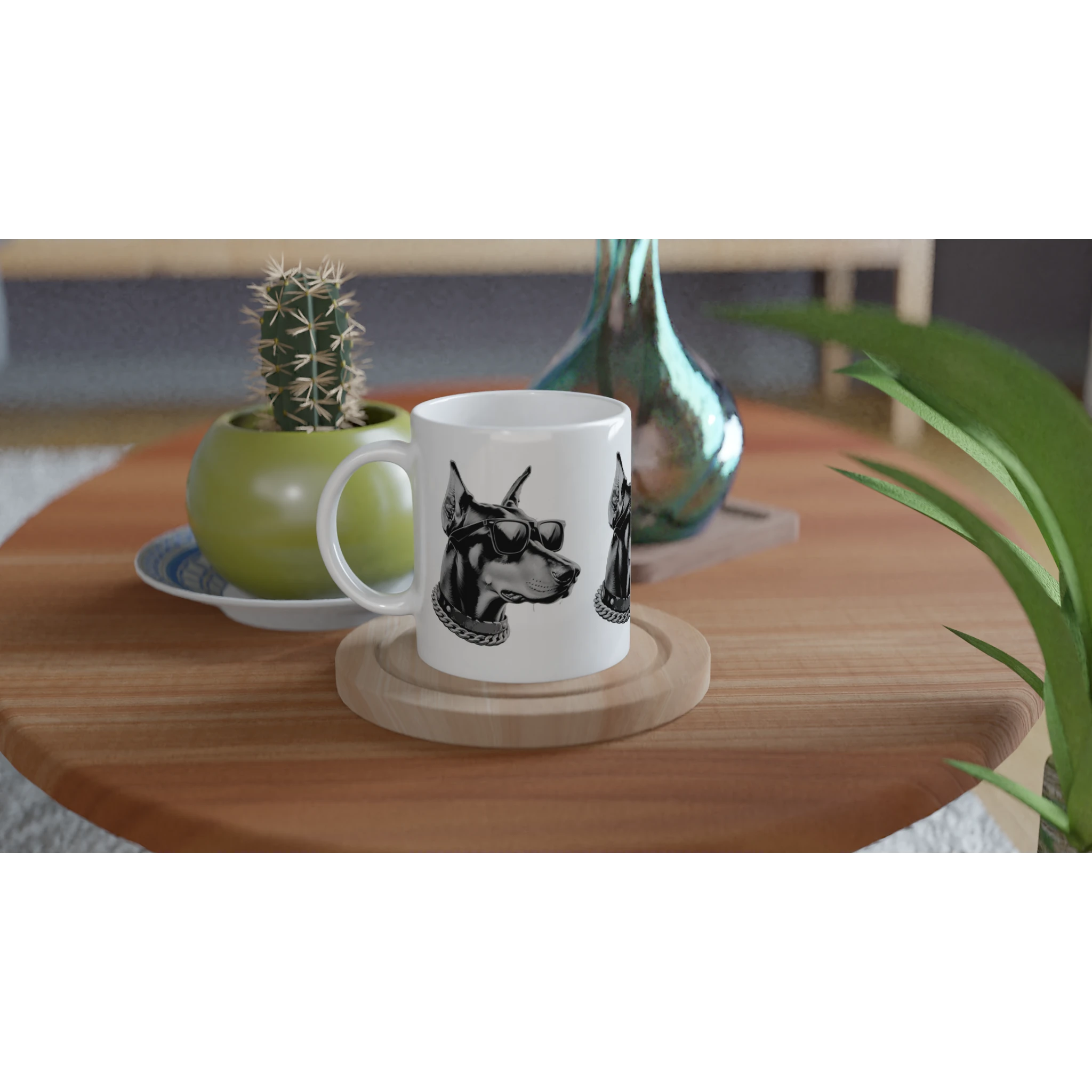 Gangster Dog Mug Gift For Him: white ceramic mug with a dog wearing sunglasses and a chain, on a wooden coaster.