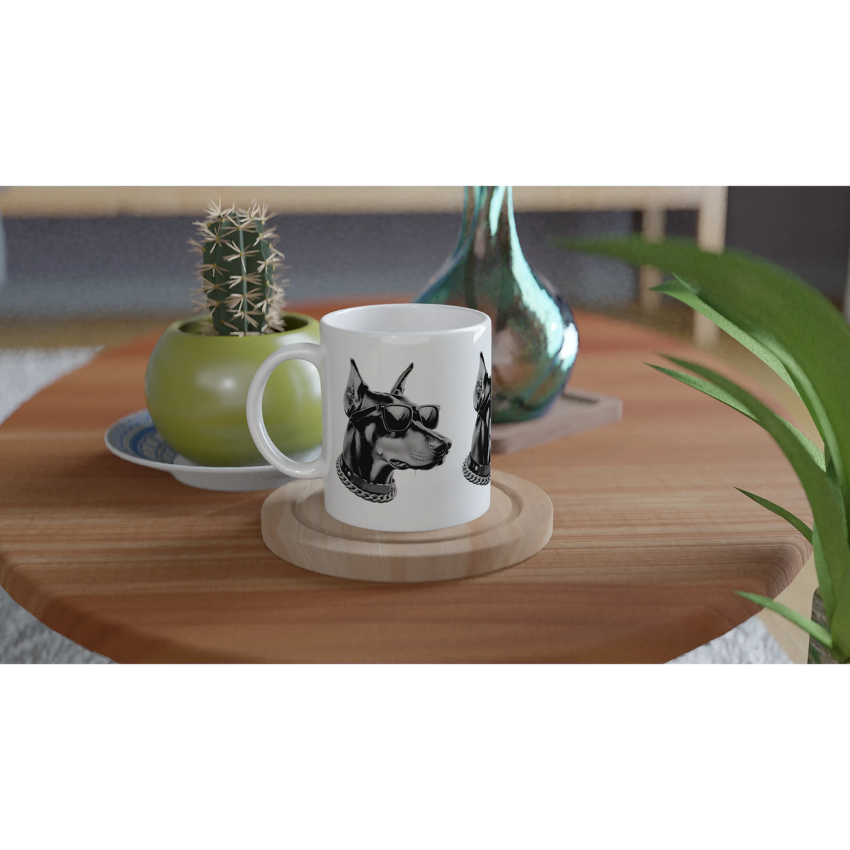 Gangster Dog Mug Gift For Him: white ceramic mug with a dog wearing sunglasses and a chain, on a wooden coaster.
