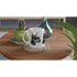 Gangster Dog Mug Gift For Him: white ceramic mug with a dog wearing sunglasses and a chain, on a wooden coaster.