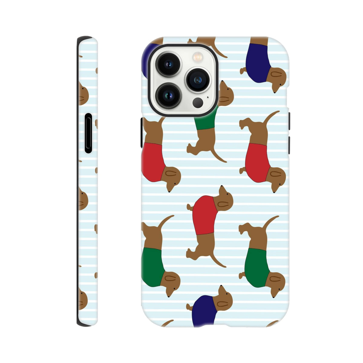 Cute dachshund pattern phone case with sausage dogs in red, green, and blue shirts on light blue stripes. Tough protection for iPhone 13-16.