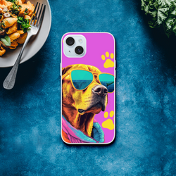 Trendy Dog iPhone Case with purple background, dog wearing sunglasses and yellow paw print.