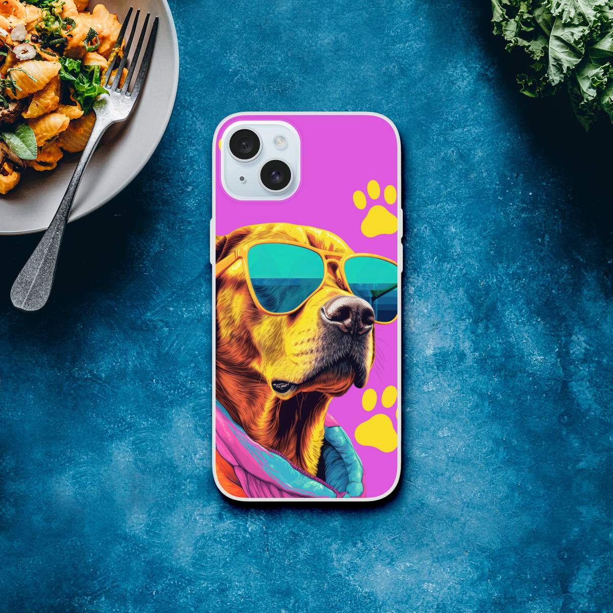 Trendy Dog iPhone Case with purple background, dog wearing sunglasses and yellow paw print.