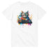 White Cat DJ graphic T-shirt featuring a colorful cat at a DJ mixer with headphones.