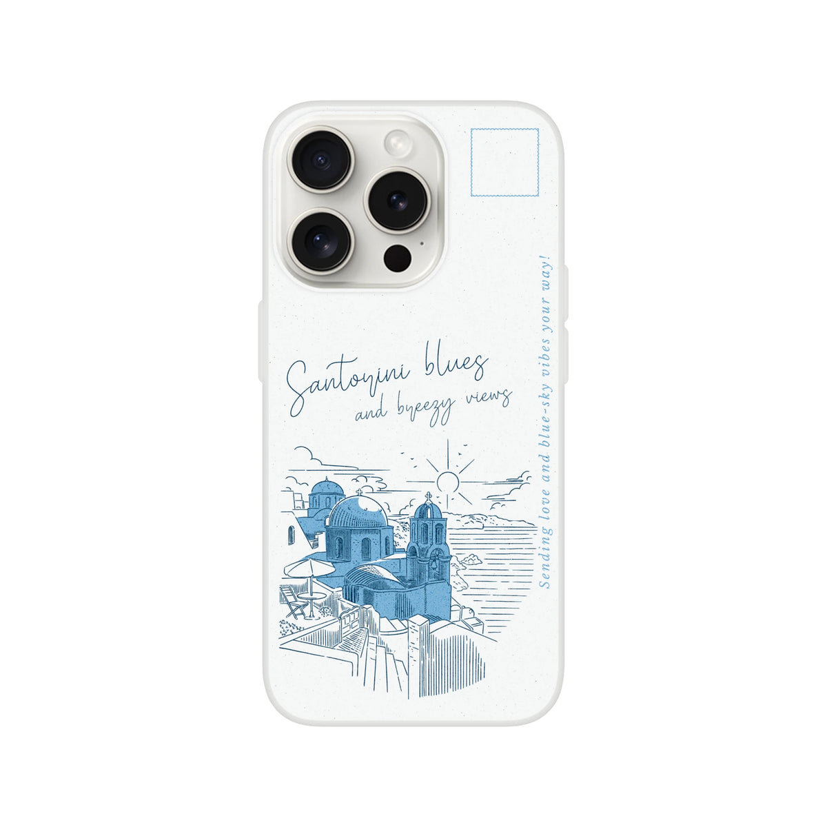 Vintage postcard-style iPhone case featuring Santorini blue-domed skyline and seaside scene.