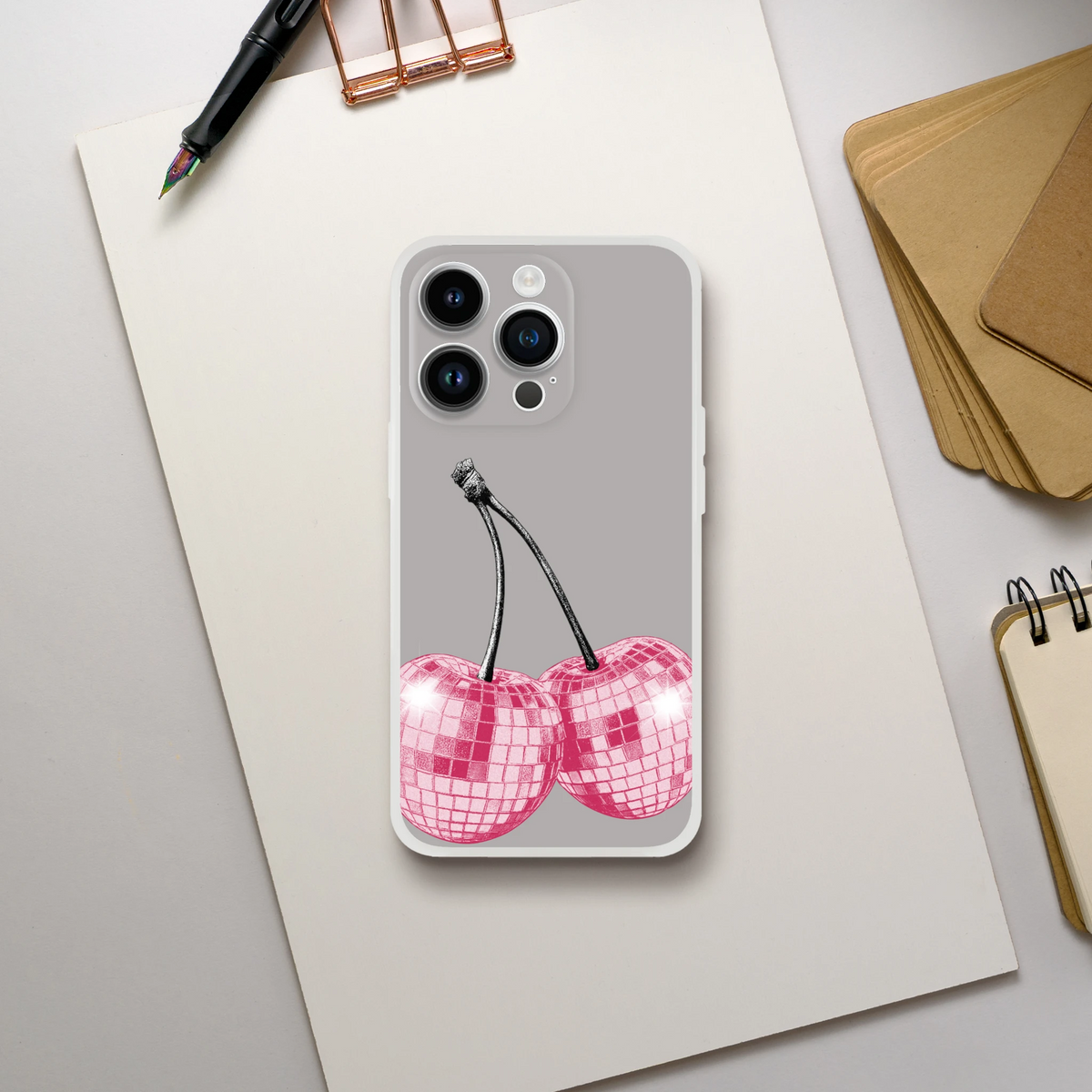 Y2K glitter cherry-themed iPhone case for iPhone 13–16, gray matte cover with three-camera cutouts and cherry art.