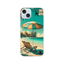Vintage postcard-style iPhone case 13-16 with holiday aesthetic, palm trees, beach umbrella.