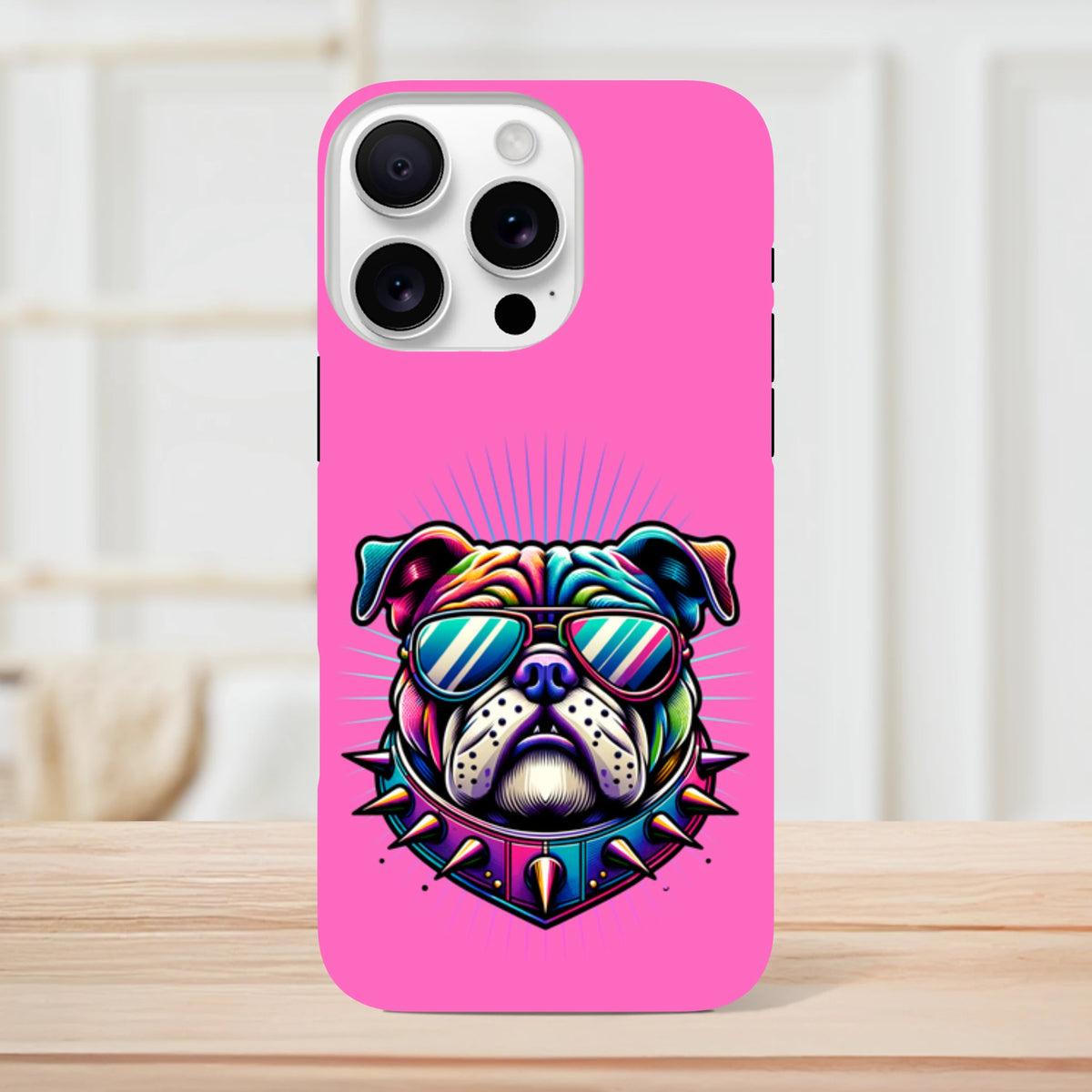 Pink bulldog iPhone case (13-16) with bold retro dog print and shock-absorbing wraparound protection.