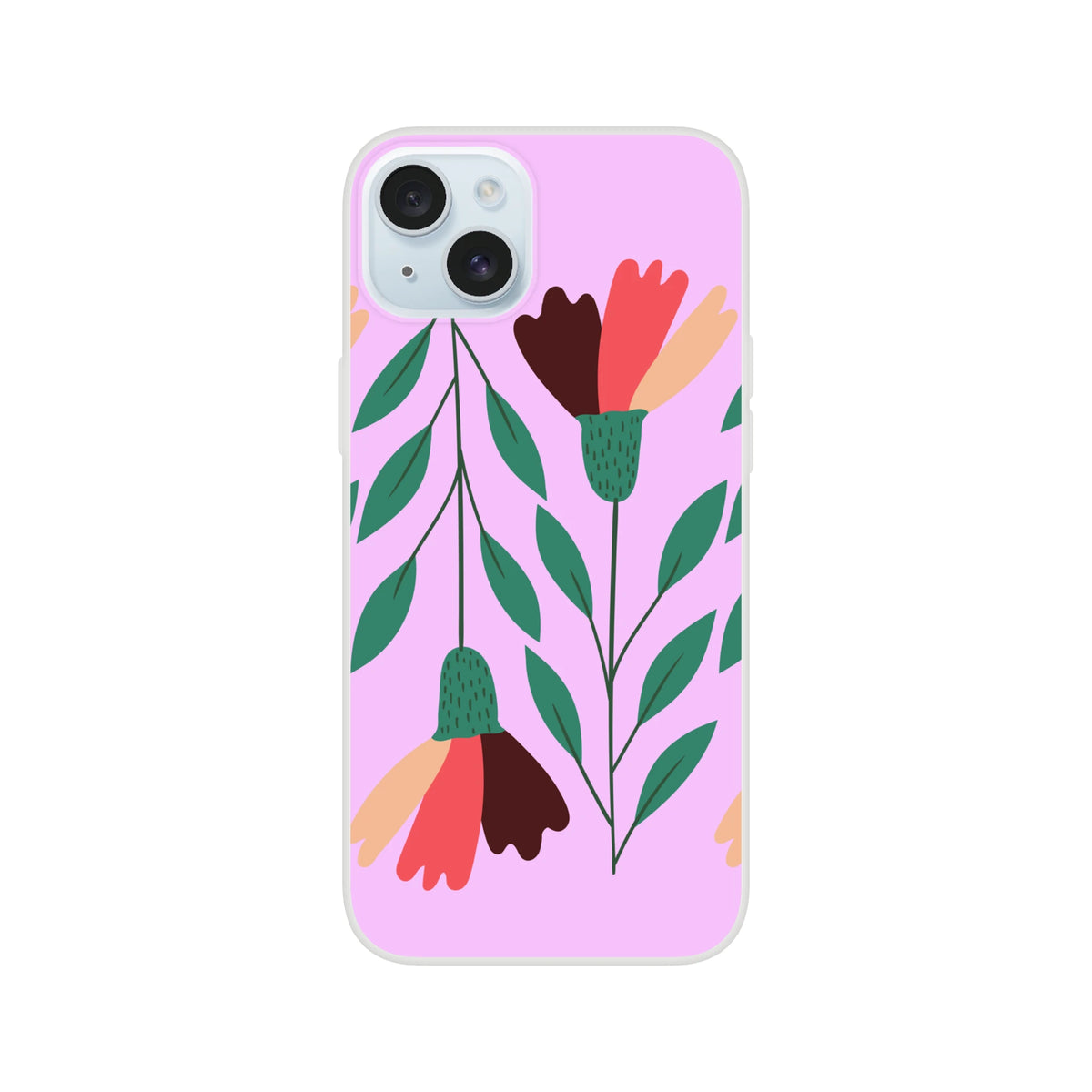 Cute floral iPhone case (13-16) with pink background, slim matte finish, and green stems in vintage aesthetic.
