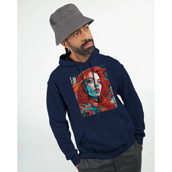 Man wearing Urban Pop Art Redhead Woman hoodie for men with bold graphic print and gray bucket hat.
