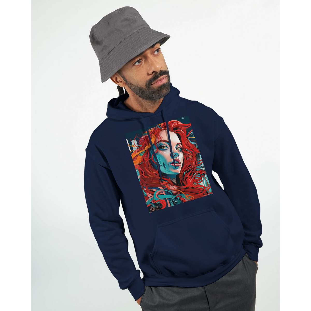 Man wearing Urban Pop Art Redhead Woman hoodie for men with bold graphic print and gray bucket hat.
