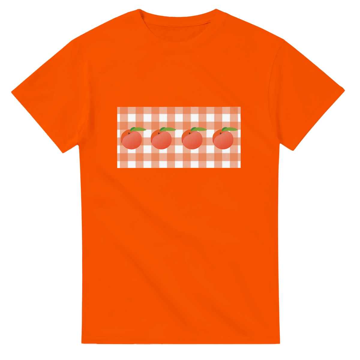Orange women's tee featuring a peach graphic on a gingham panel.