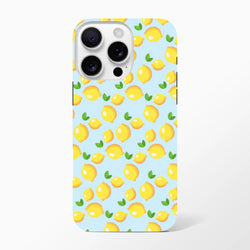 Cute lemon pattern iPhone case featuring fresh yellow lemons and green leaves on a light blue background for iPhone 13-16.