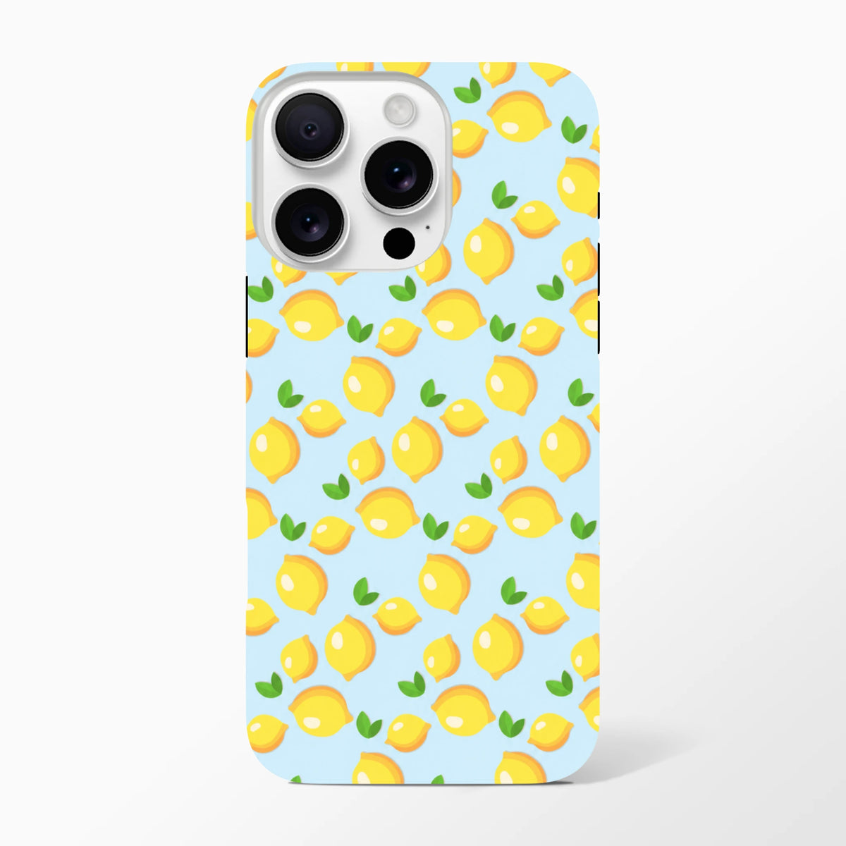 Cute lemon pattern iPhone case featuring fresh yellow lemons and green leaves on a light blue background for iPhone 13-16.