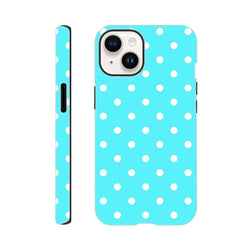 Turquoise & white polka dot tough iPhone case with glossy finish and drop protection for retro style.