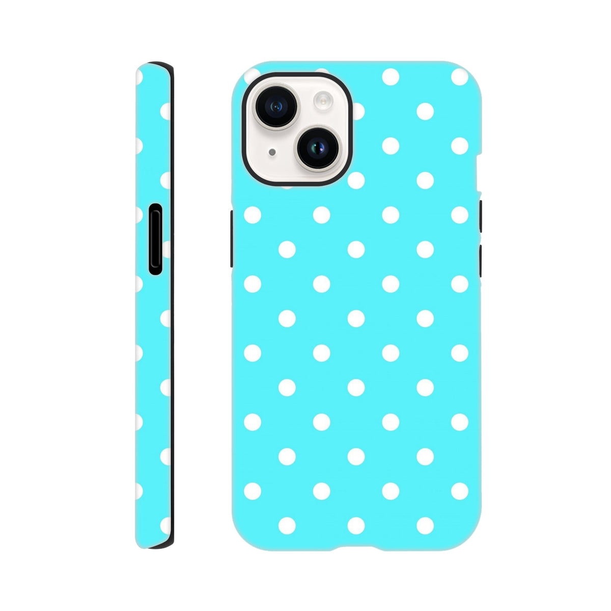 Turquoise & white polka dot tough iPhone case with glossy finish and drop protection for retro style.