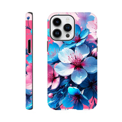 Vibrant blue and pink flower iPhone case for iPhone 13-15. Tough floral phone cover designed for urban style and durability.