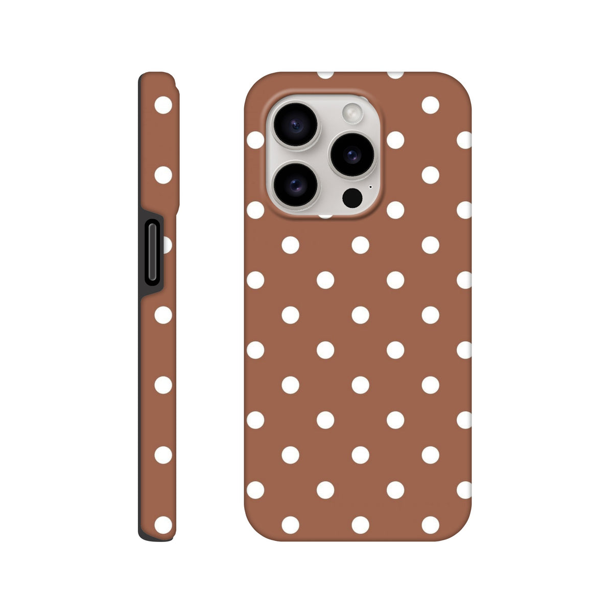 Retro brown and white polka dot tough iPhone case. Dual-layer impact resistance with shock-absorbing TPU for iPhone 13-16 Pro Max.
