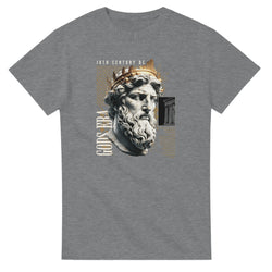 Grey Gothic Gods men's graphic T-shirt featuring a classical bust with laurel crown and gold accents.