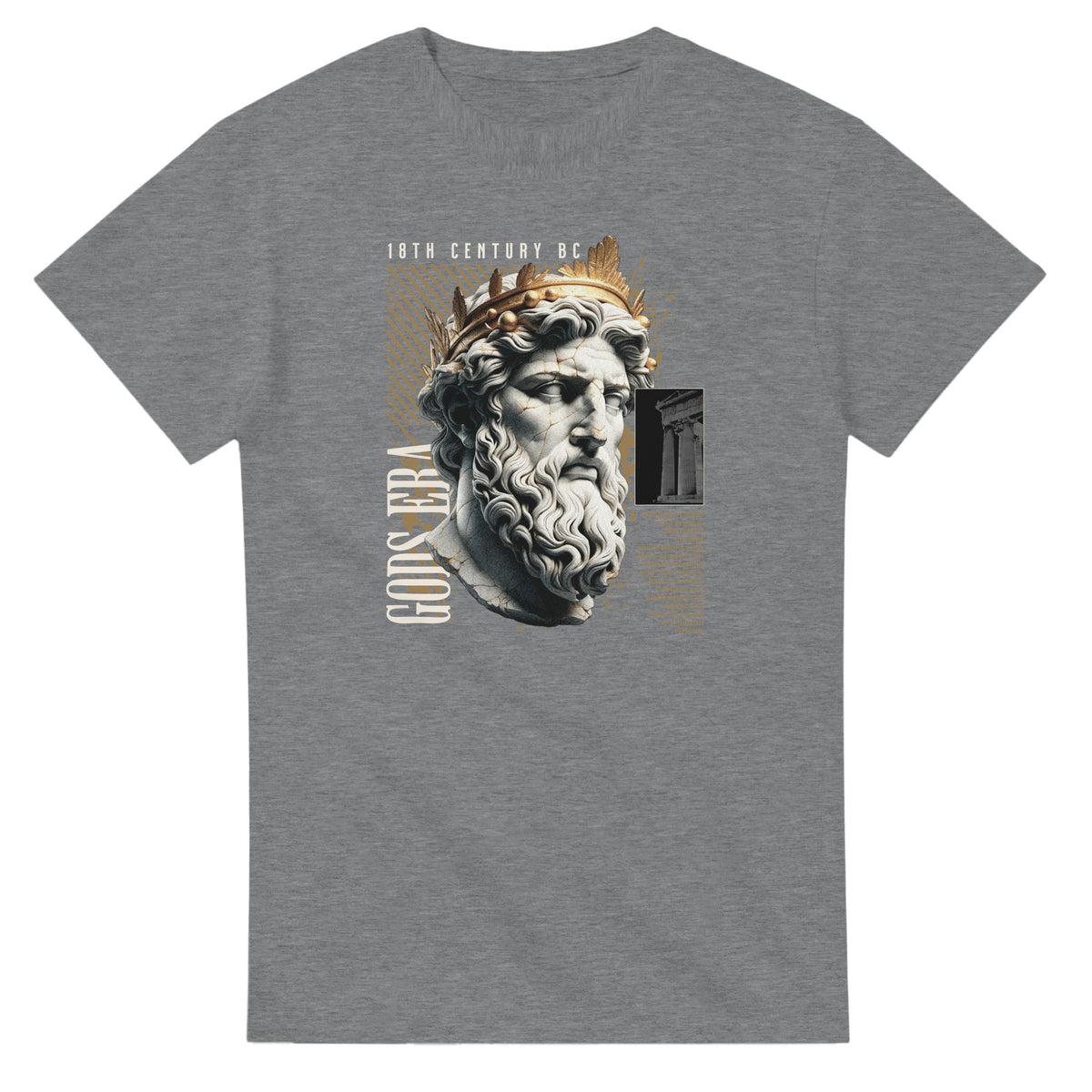 Grey Gothic Gods men's graphic T-shirt featuring a classical bust with laurel crown and gold accents.