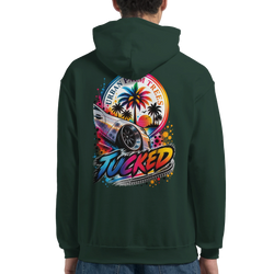 Dark green hoodie back featuring colorful Tucked petrolhead graphic with lowered car, palm trees, and Urban Palm Trees text.