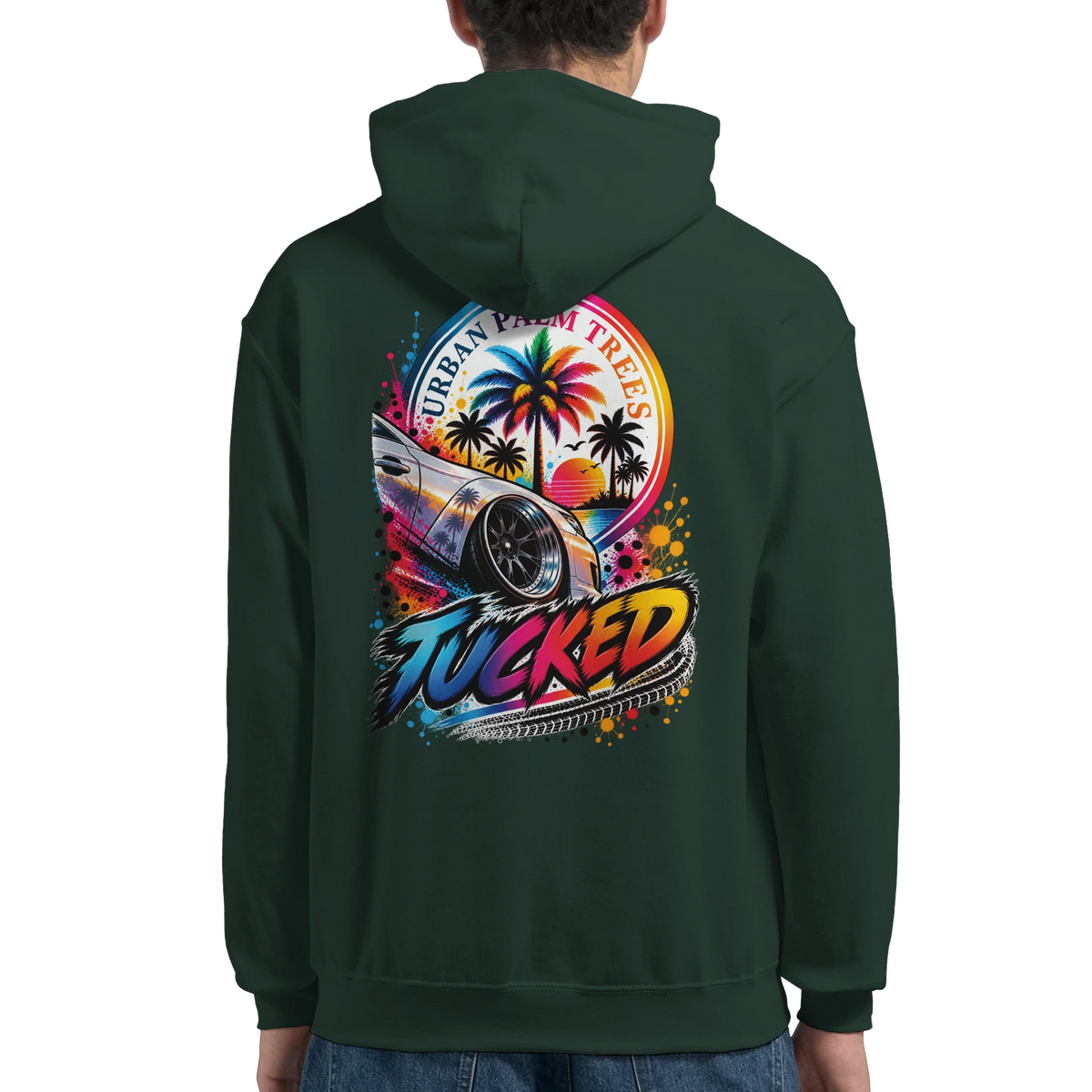 Dark green hoodie back featuring colorful Tucked petrolhead graphic with lowered car, palm trees, and Urban Palm Trees text.